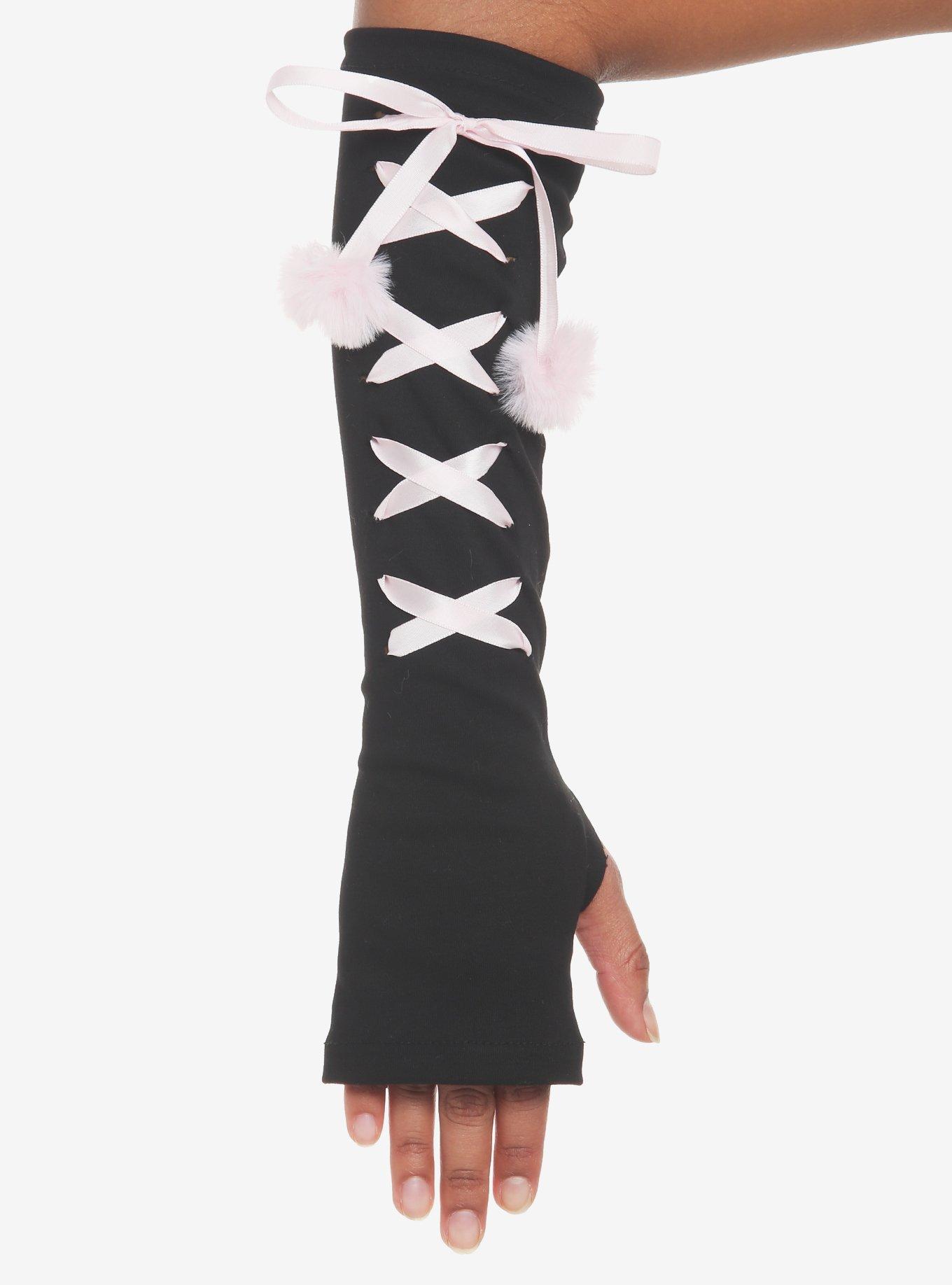 Black & Pink Cat Paw LaceUp Arm Warmers Hot Topic