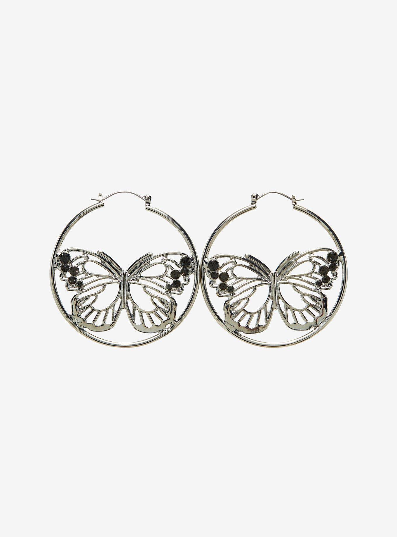 Butterfly Black Gem Hoop Earrings Hot Topic