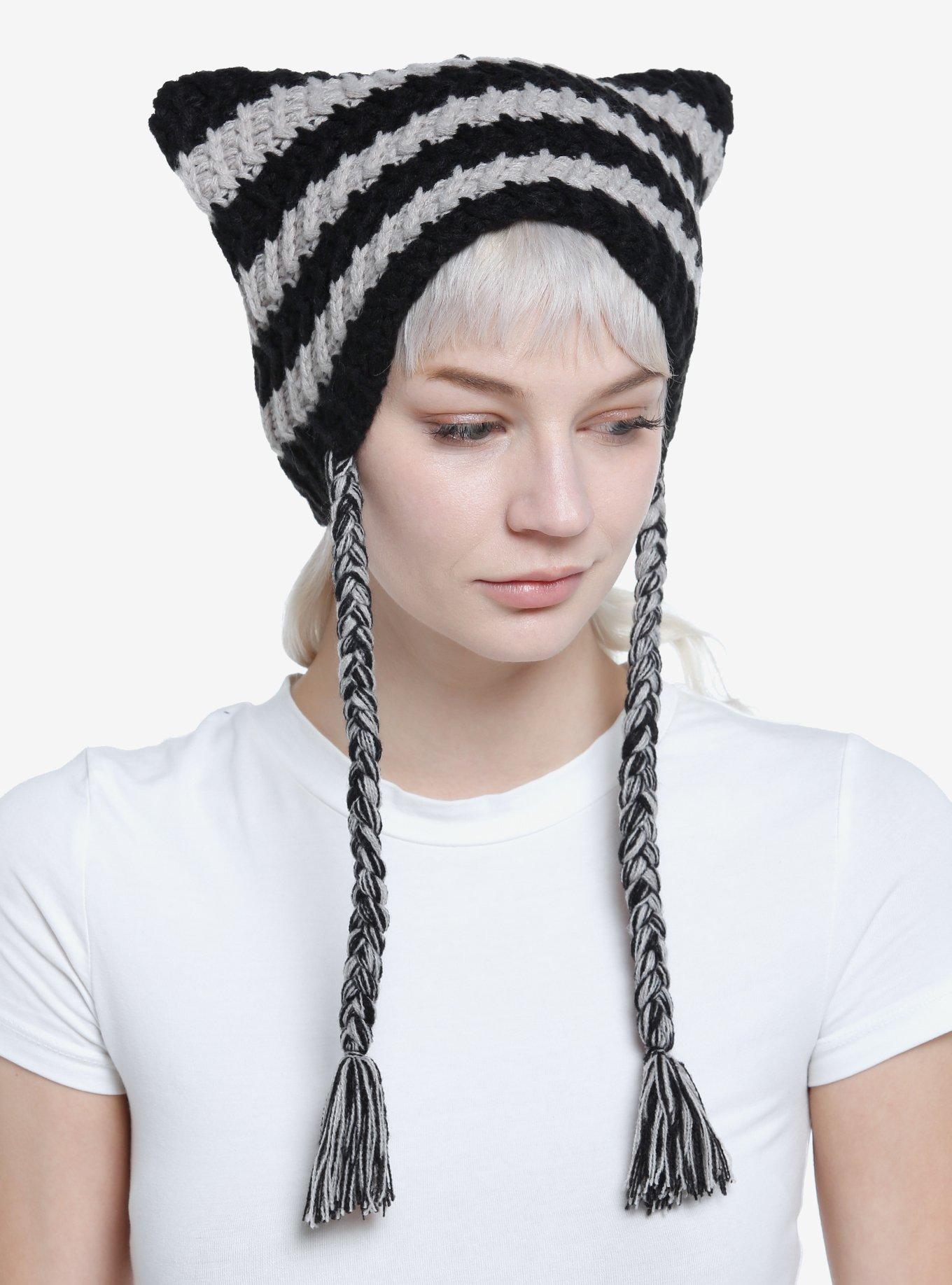 Grey & Black Cat Ear Tassel Beanie Hot Topic