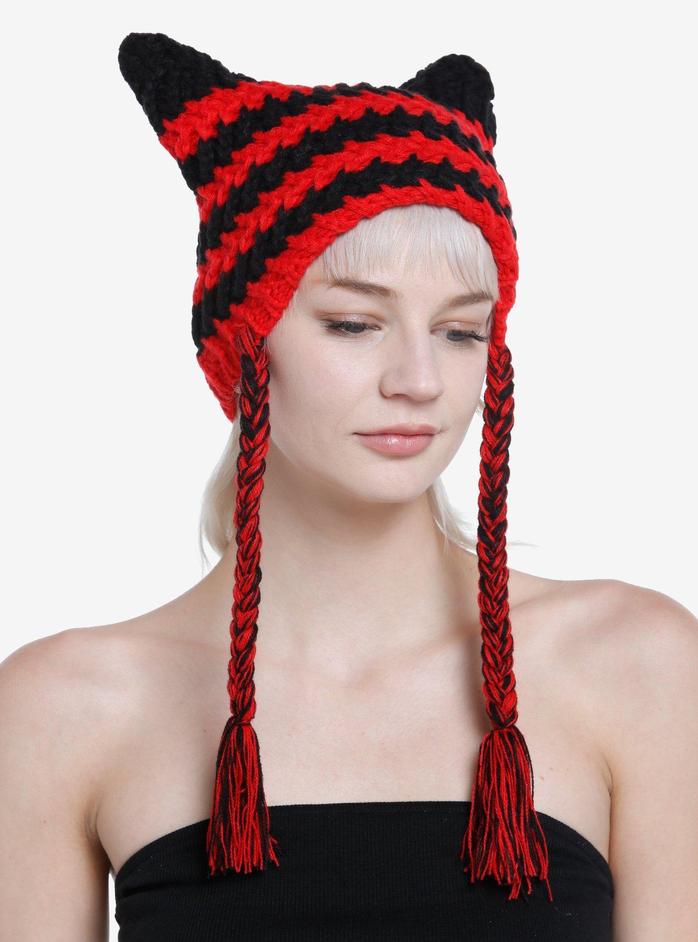 Red & Black Cat Ear Tassel Beanie Hot Topic