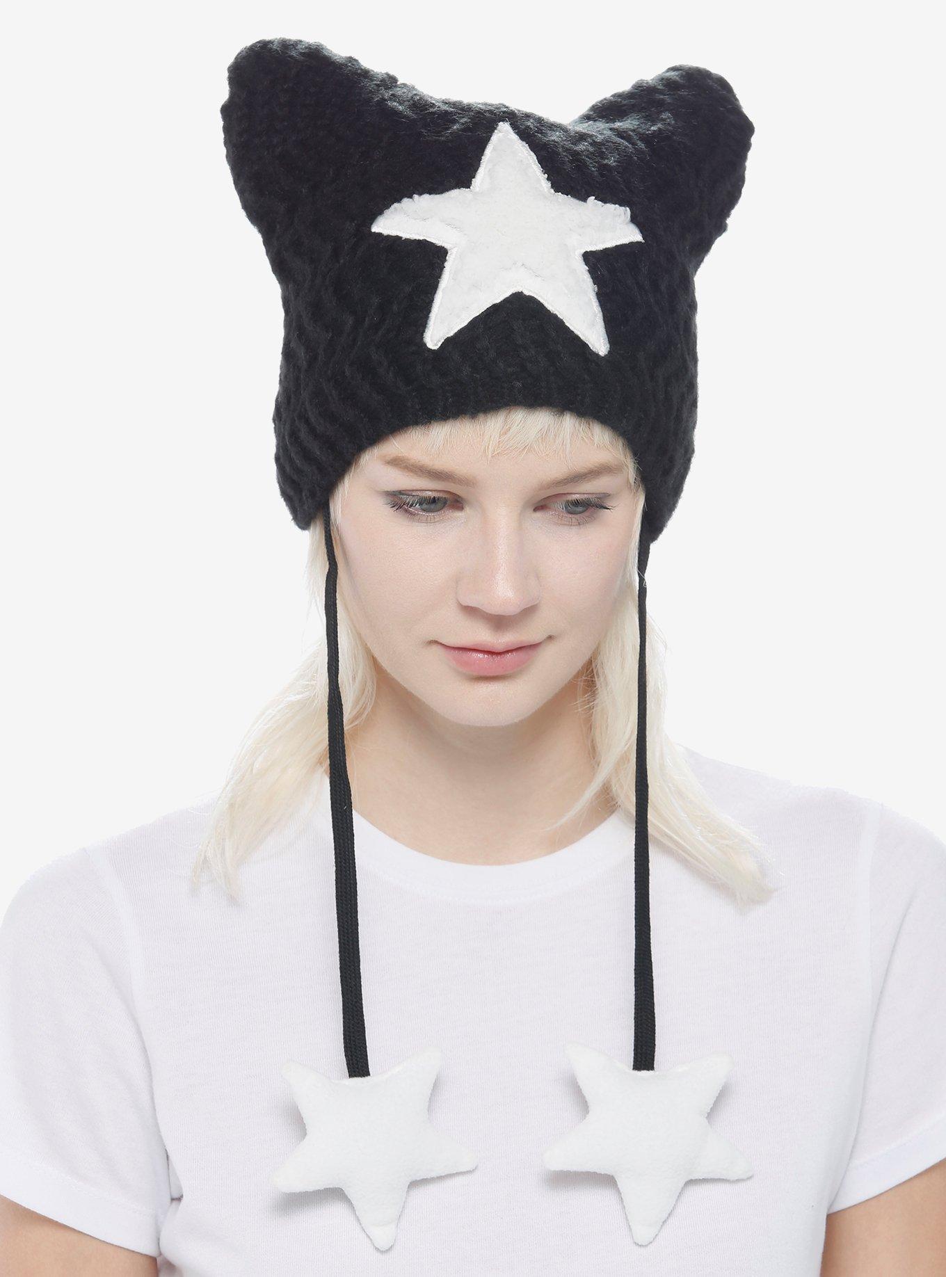 White Star Black Cat Ear Tassel Beanie Hot Topic