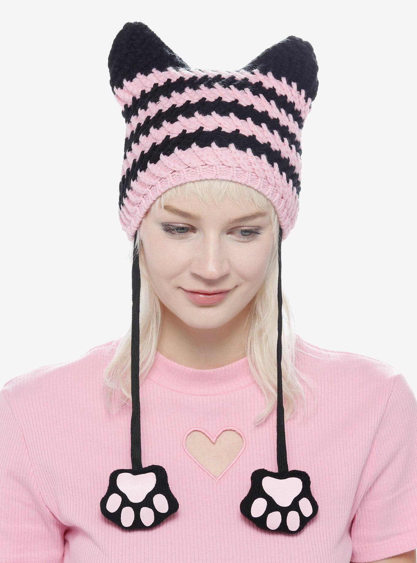 Pink & Black Cat Ear Tassel Beanie Hot Topic