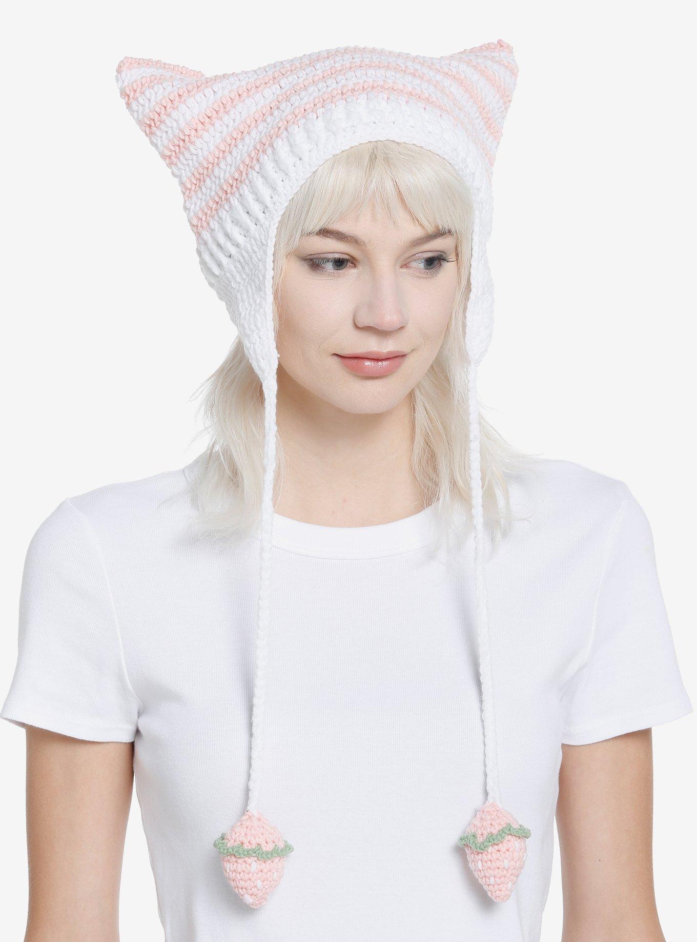 Pink & White Cat Ear Strawberry Tassel Beanie Hot Topic