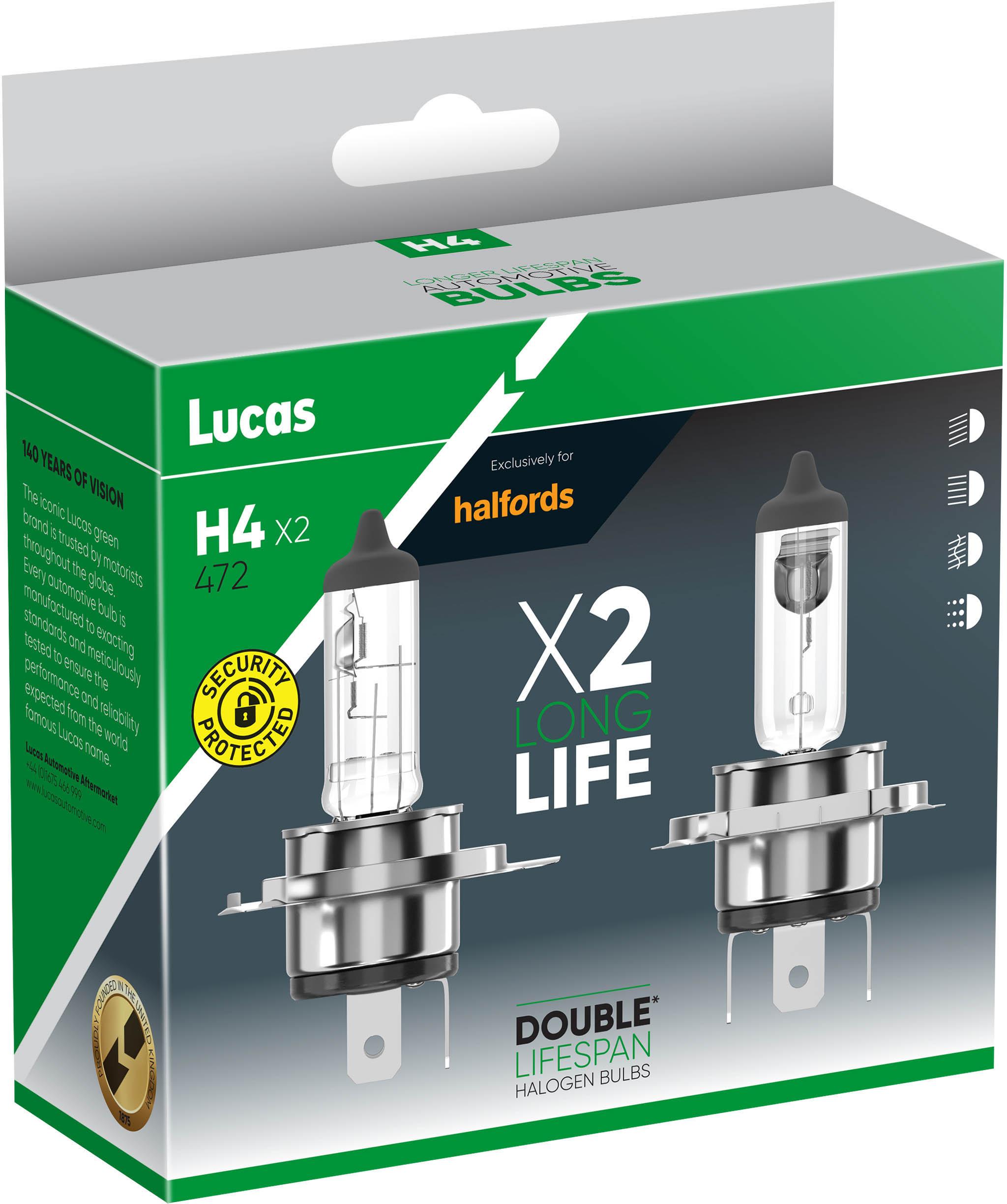 Lucas H4 472 Double Lifespan Car Headlight Bulb Twin Pack Halfords UK