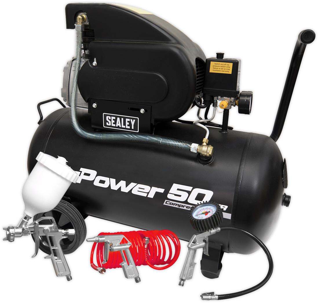 Sealey Compressor 50L Direct Drive 2hp with 4pc Air Accessory Kit Halfords UK