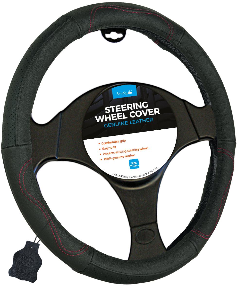 100 Leather Steering Wheel Cover Red Stitching Halfords UK