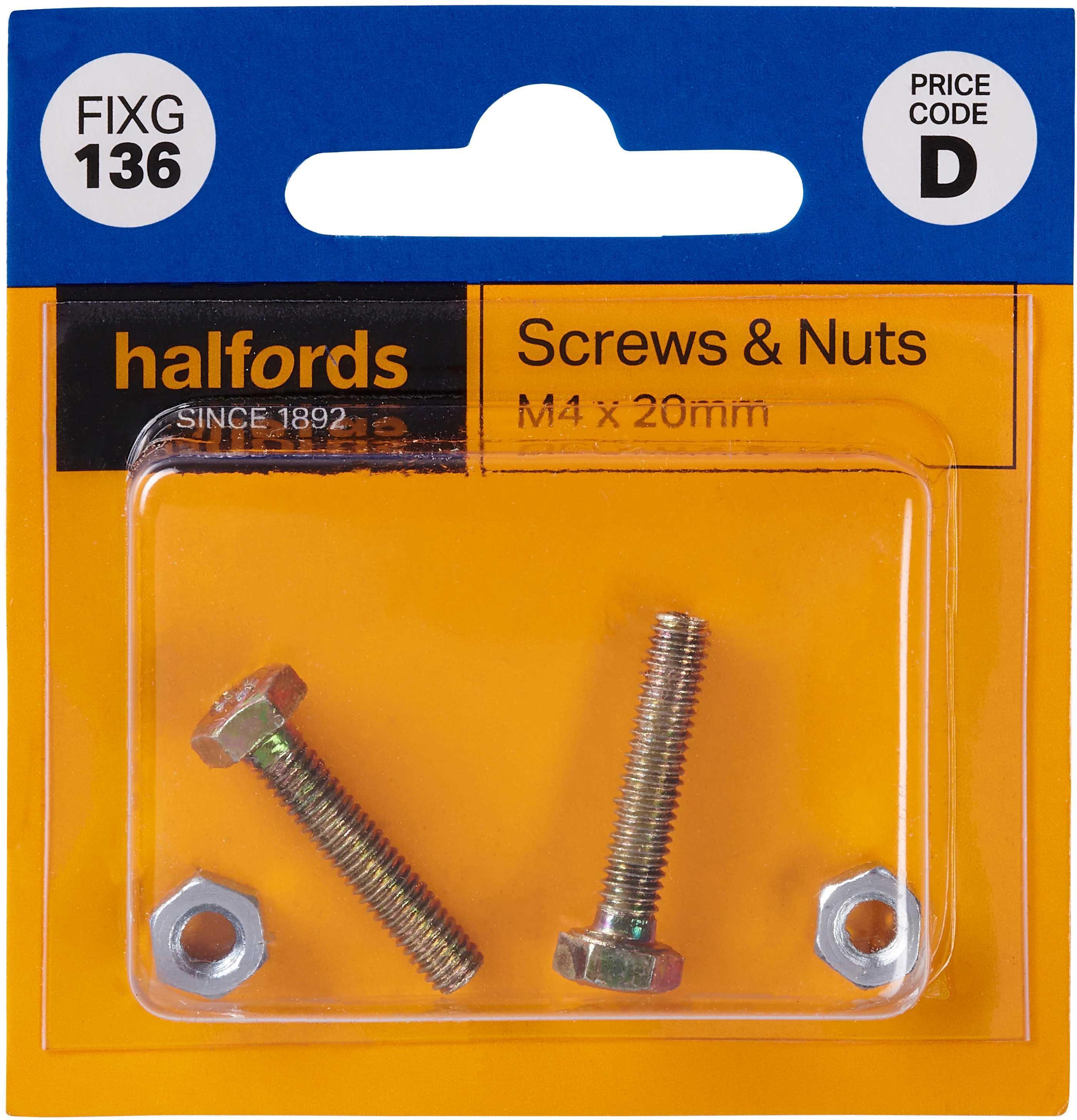 Halfords Set Screws & Nuts M4 x 20mm (FIXG136) Halfords UK