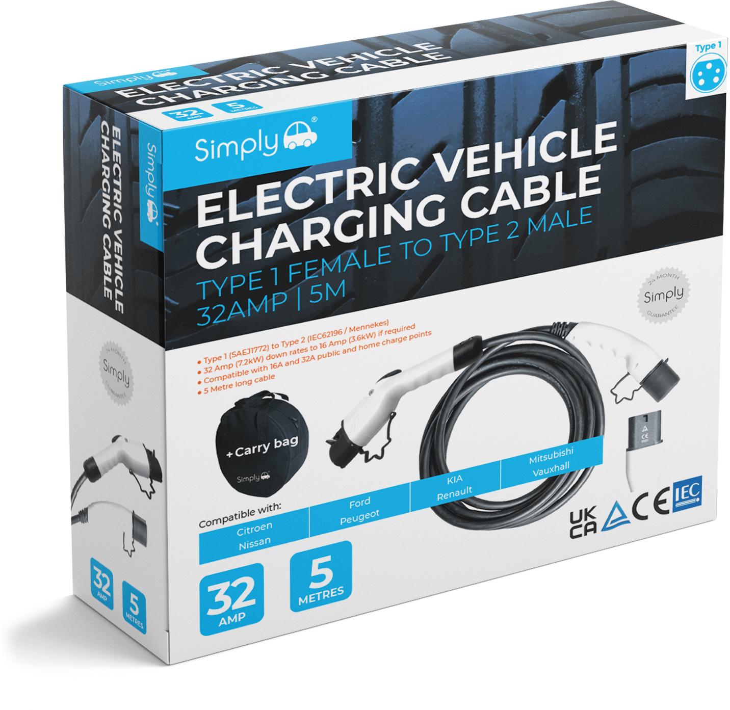 Simply EV Type 1 to Type 2 32A 5M Single Phase Charging Cable Halfords UK