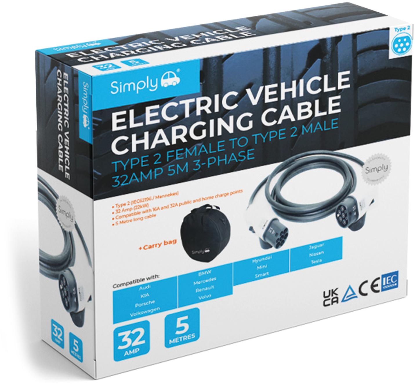 Simply EV Type 2 to Type 2 32A 5M 3Phase Charging Cable Halfords UK