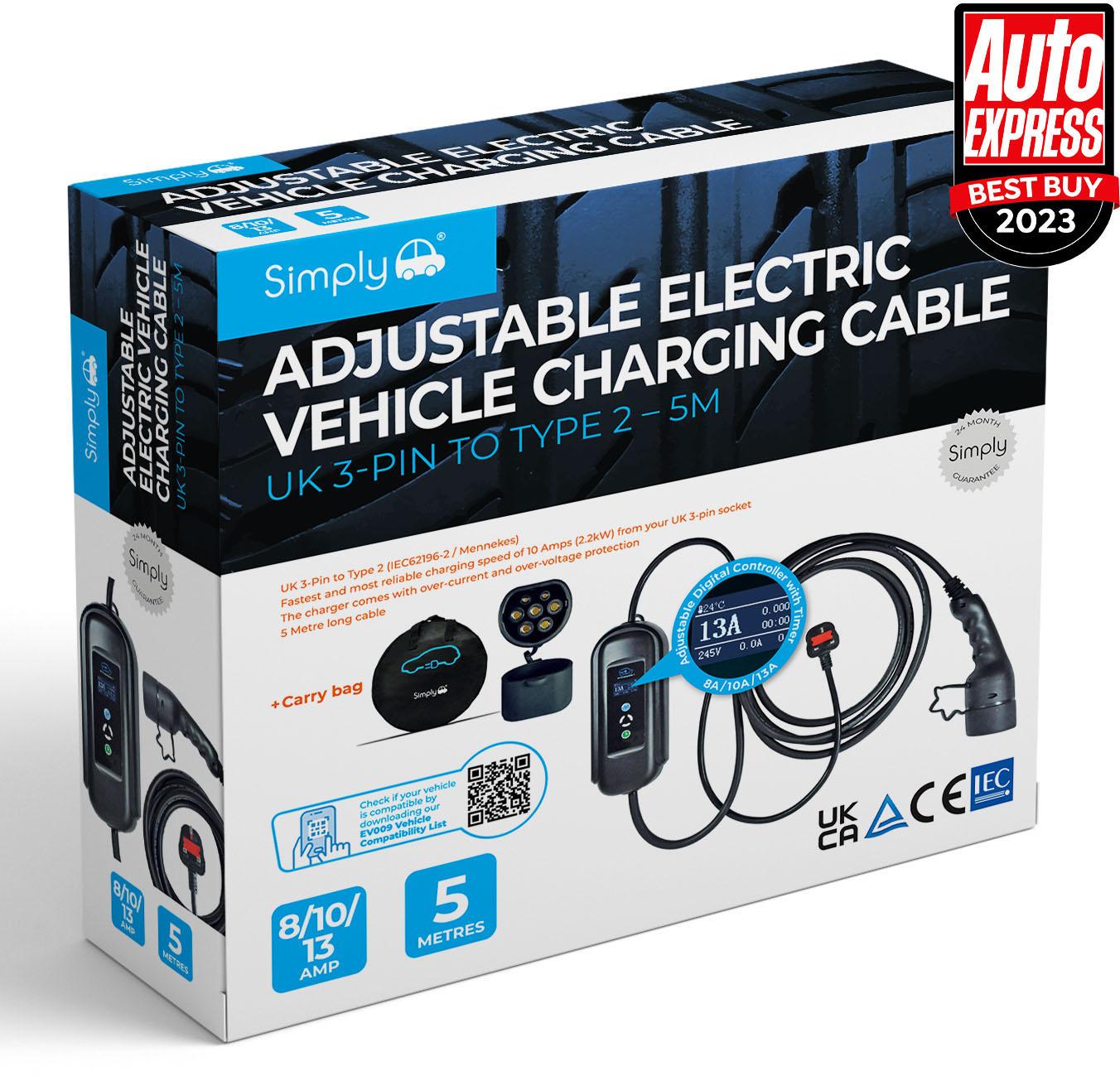 Simply EV Adjustable 5M 3Pin to Type 2 Charging Cable Halfords UK