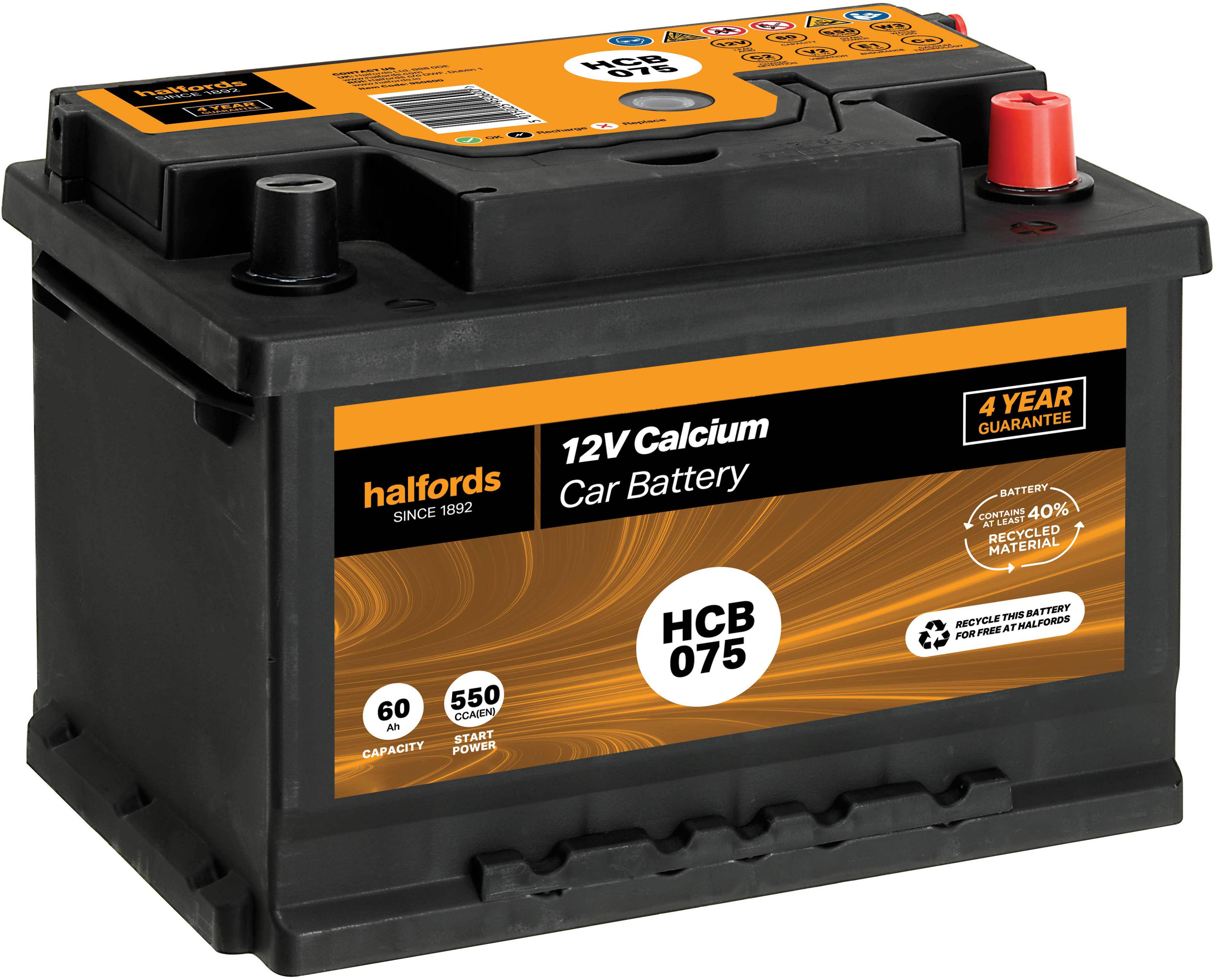 Halfords HCB075 Calcium 12V car battery 4 year Guarantee Halfords UK