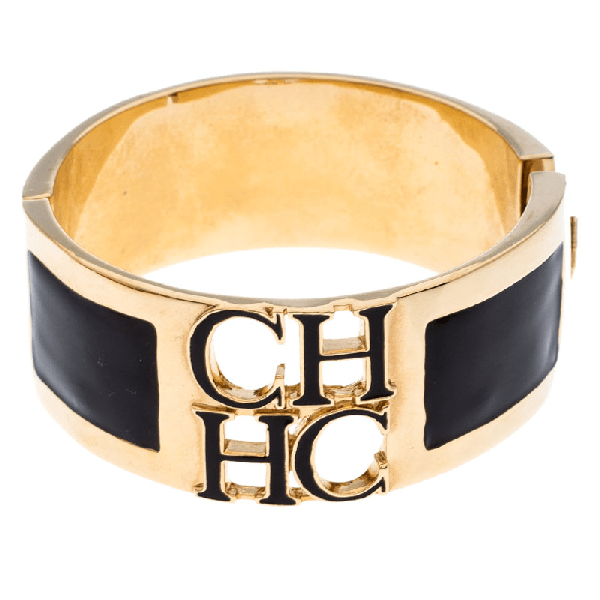 PreOwned Ch Carolina Herrera Logo Black Enamel Gold Tone Bangle ModeSens