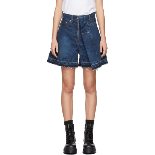 Sacai Blue Denim Asymmetric Shorts In 401 Blue ModeSens