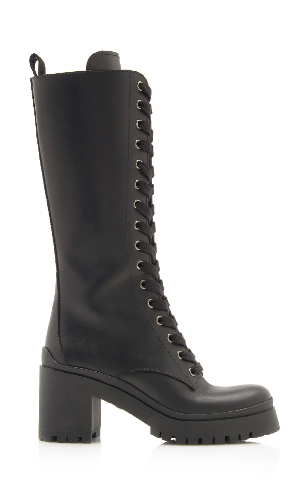 Miu Miu Lace-up Leather Knee-length Combat Boots In Schwarz | ModeSens