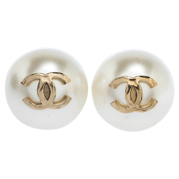 PreOwned Chanel Cc Faux Pearl Oversized Gold Tone Stud Earrings ModeSens