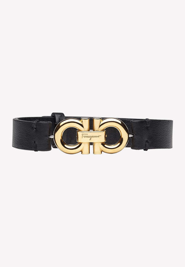 Salvatore Ferragamo Gancini Doublesided Leather Bracelet In Black