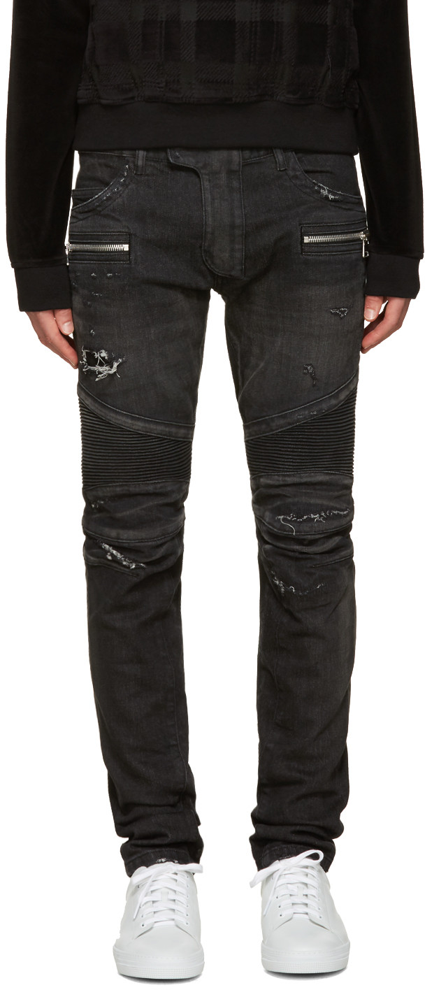 Balmain Slimfit Distressed Denim Biker Jeans In Washed Black ModeSens