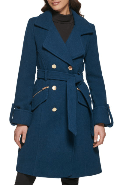 Guess Double Breasted Belted Wool Blend Coat In Teal | ModeSens