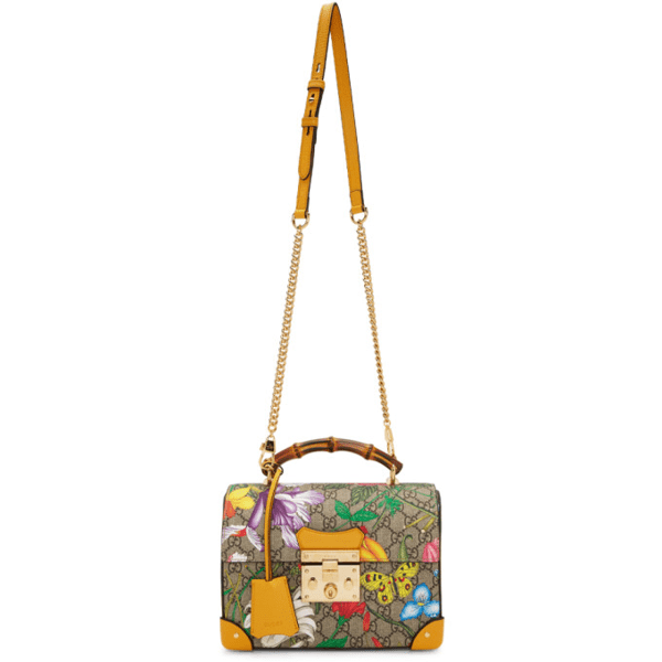Gucci Padlock Floral Bamboo Handle Canvas & Leather Shoulder Bag In