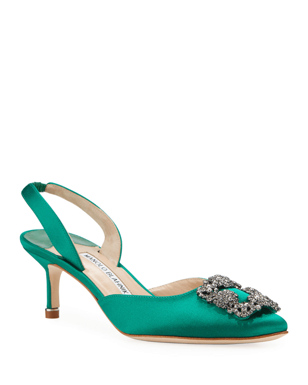 Manolo Blahnik Hangisi Kittenheel Satin Slingback Pumps In Green