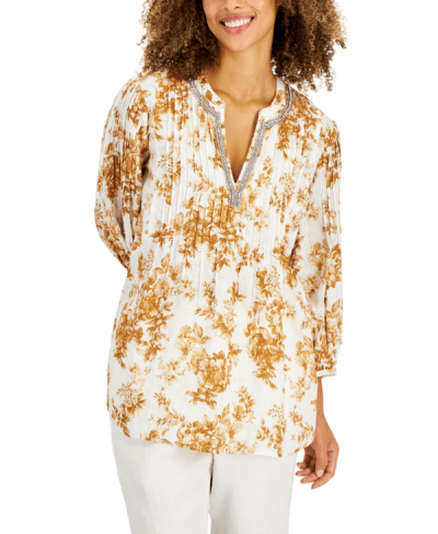 Charter Club Women's Floral-print Linen Tunic, Created For Macy's In