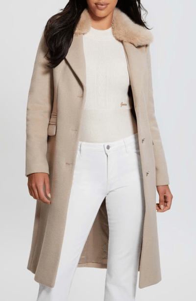 Guess New Laurence Coat With Detachable Faux Fur Collar In Brown | ModeSens