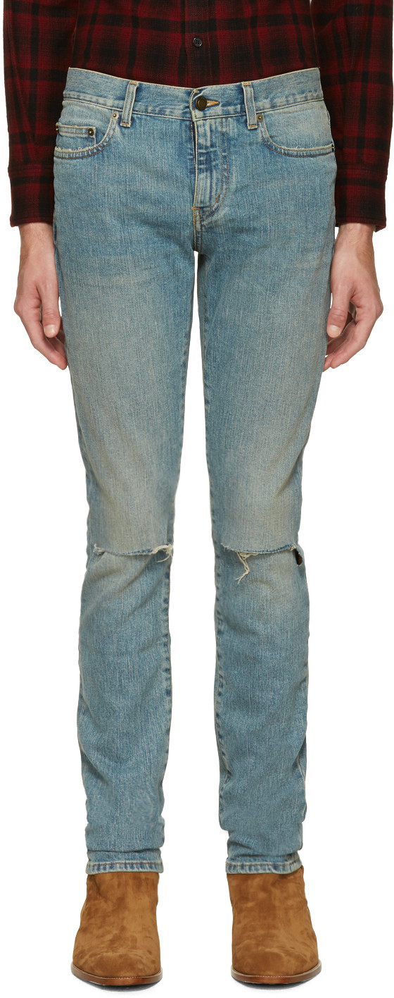 Saint Laurent Blue Original Low Waisted Knee Patch Skinny Jeans In 1664