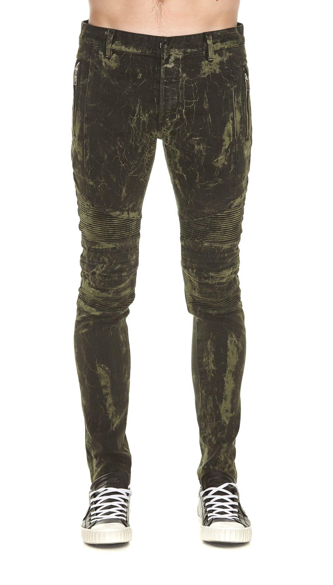 Balmain Metallic Slim Biker Jeans In Khaki ModeSens