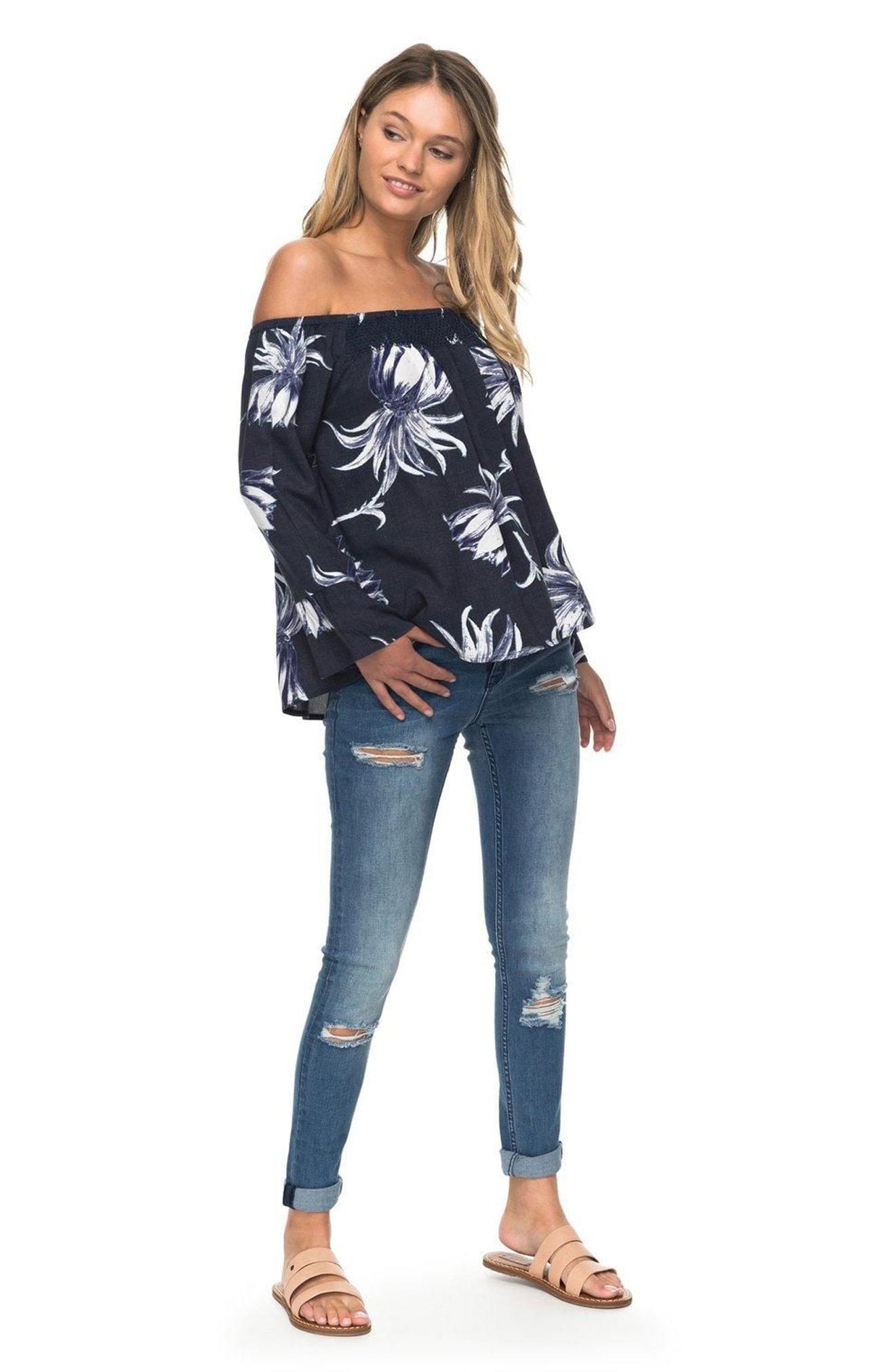 Roxy Juniors' Cotton Print Offtheshoulder Top In Dress Blue Cadaques