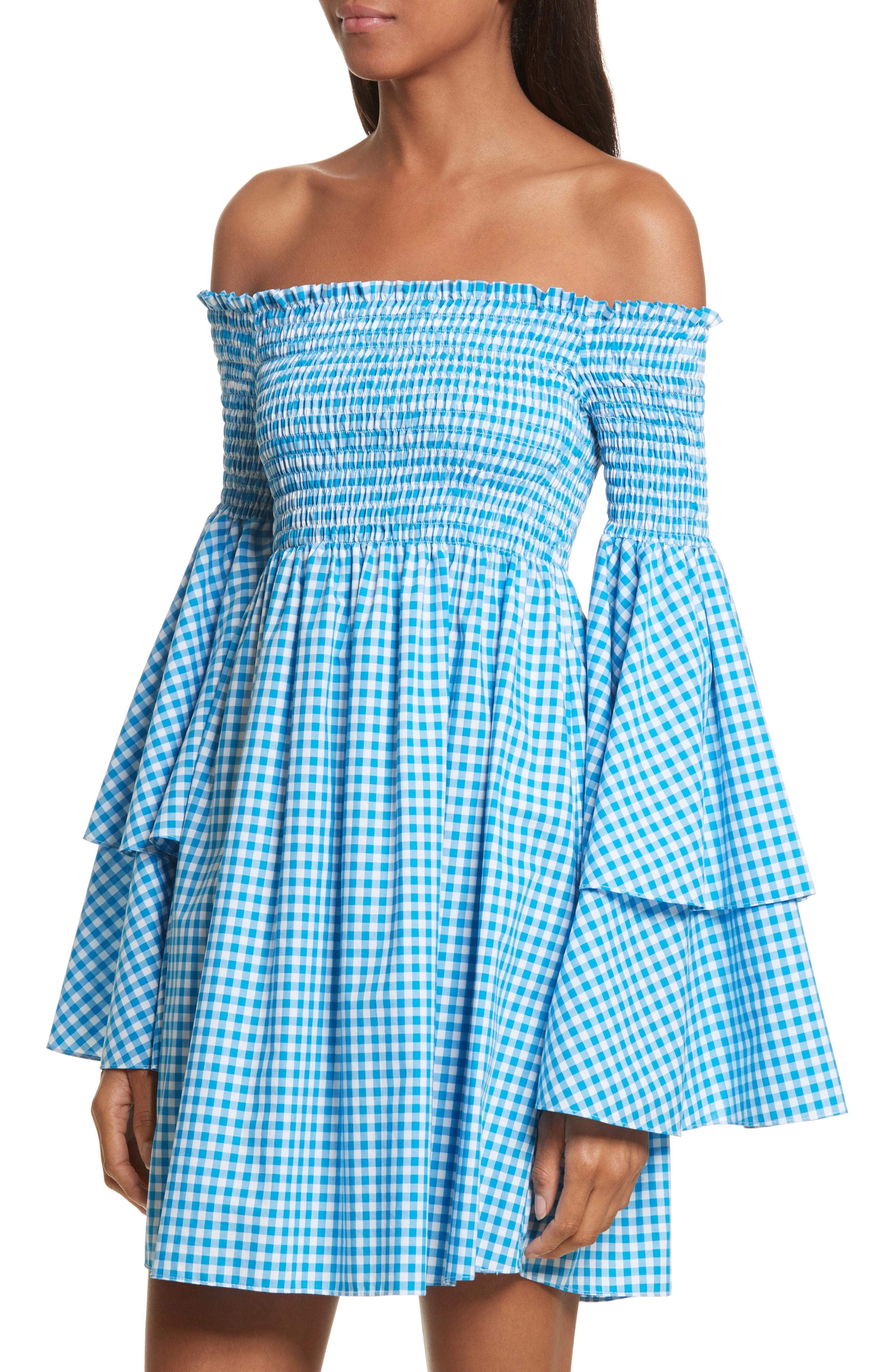 Caroline Constas Appolonia Gingham Off The Shoulder Dress In Turquoise