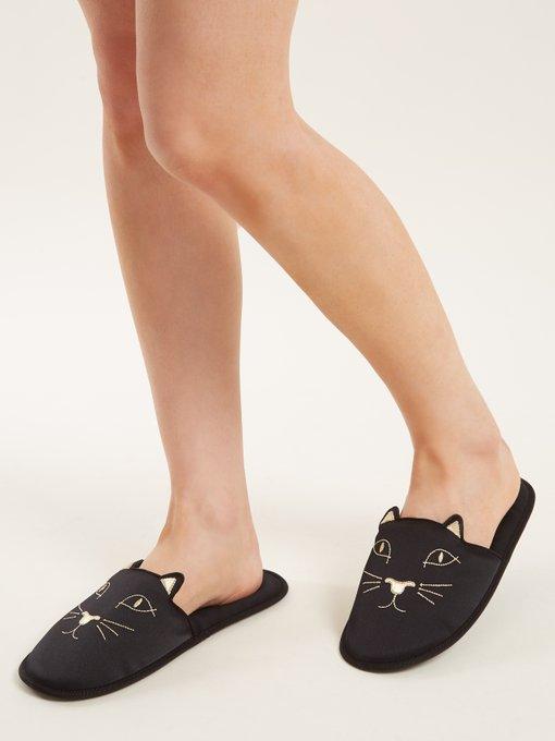 Charlotte Olympia Catface Embroidered Satin Slipper Shoes In Red