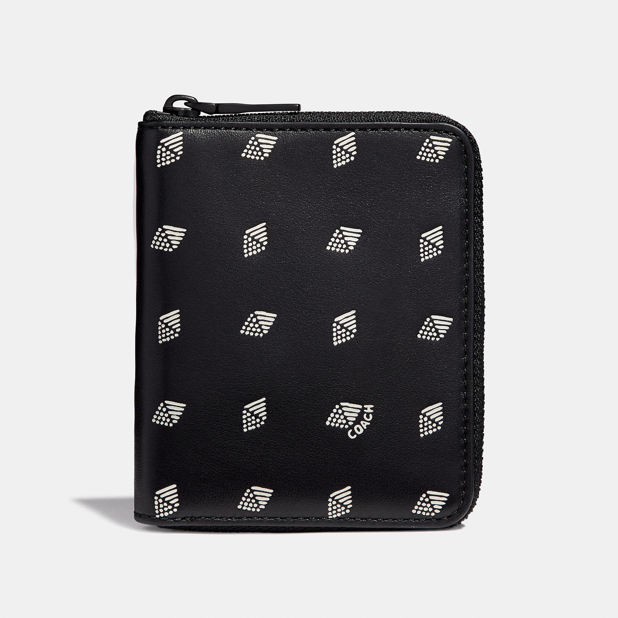 Coach Small Zip Around Wallet With Dot Diamond Print In Black/chalk
