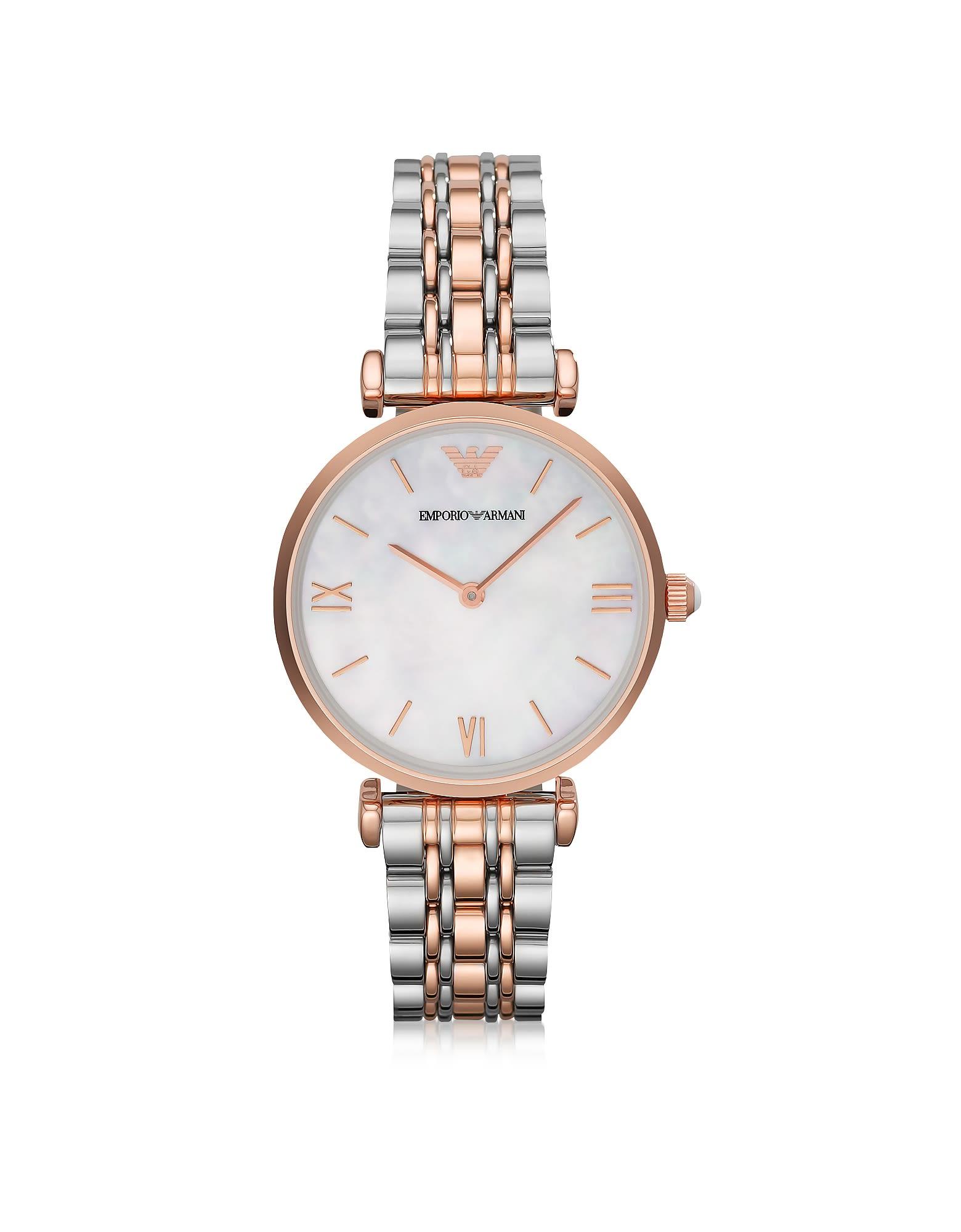 Emporio Armani White Motherofpearl Dial Stainless Steel And Rose Gold