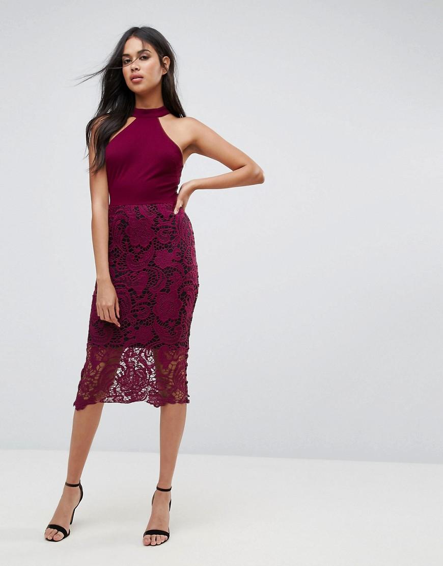 Ax Paris Racer Neck Midi Dress With Crochet Lace Skirt And Contrast