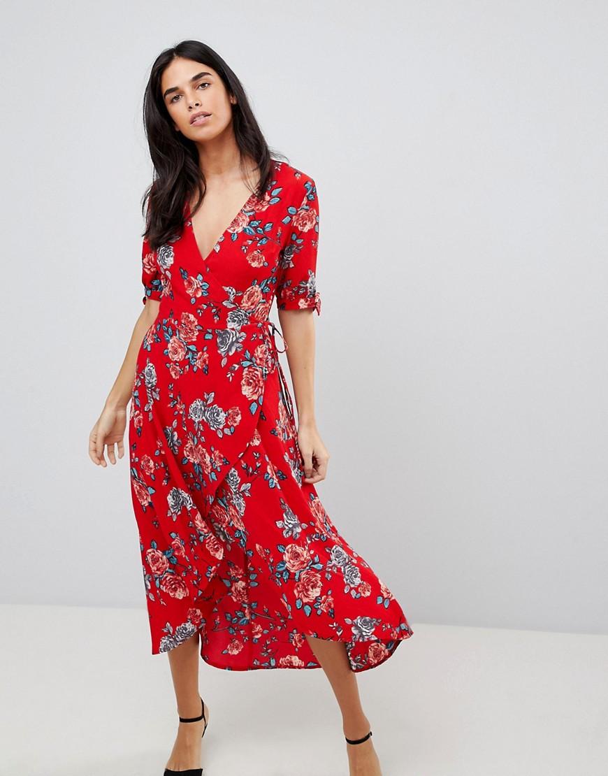 Ax Paris Floral Wrap Midi Dressred ModeSens
