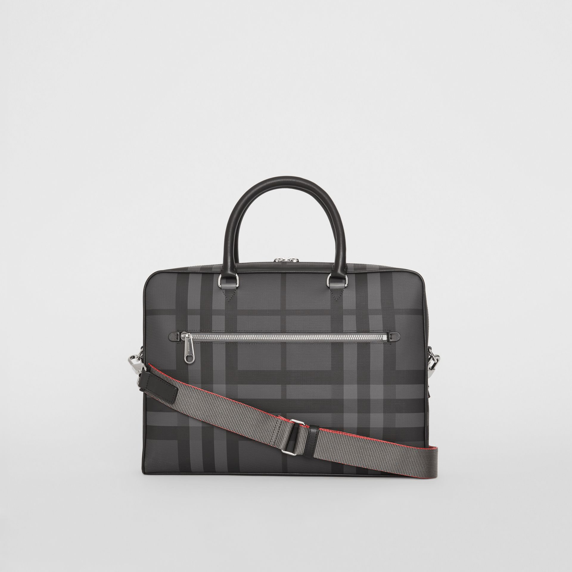 Burberry Ekd London Check And Leather Briefcase In Charcoal/black