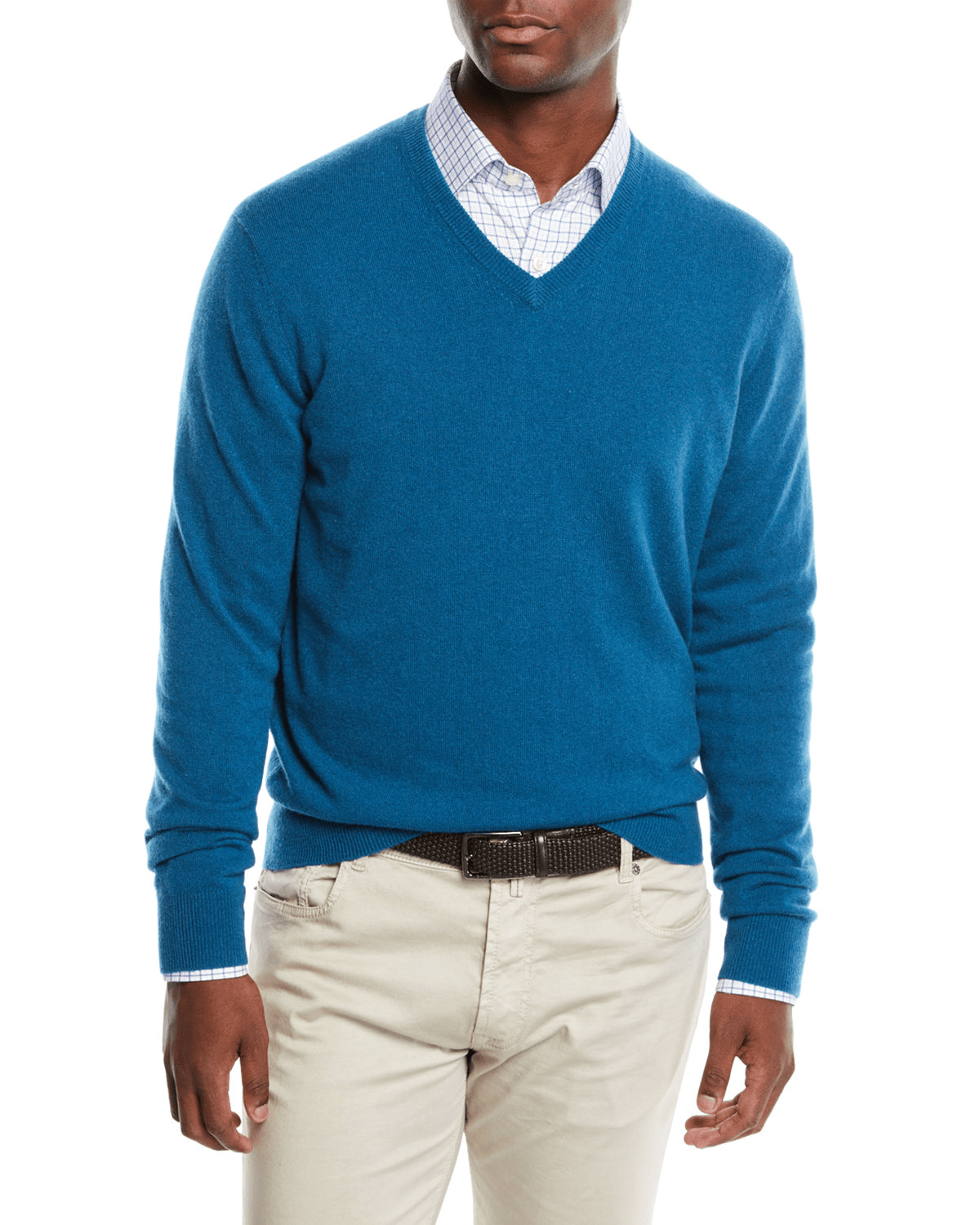 Neiman Marcus Men's Cloud Cashmere Vneck Sweater In Peacock Blue