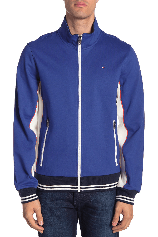 Tommy Hilfiger Striped Zip Front Track Jacket In Royal Blue/white