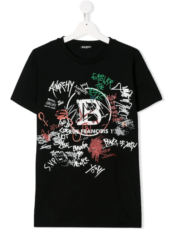 Balmain Kids' Black Tshirt For Boy With Logo And Colorful Writing
