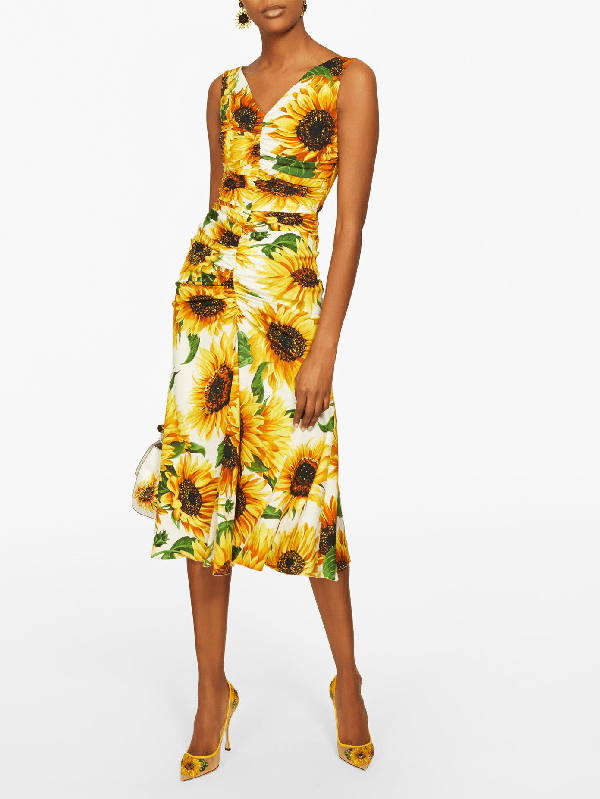 Dolce & Gabbana Sunflowerprint Gathered Midi Dress In