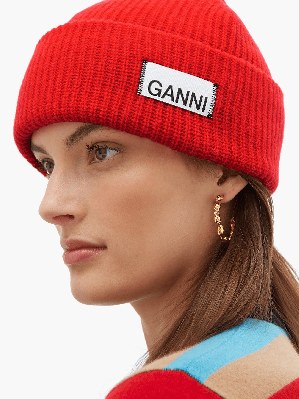 Ganni Stitchedlogo Ribbed Woolblend Beanie In Orange ModeSens