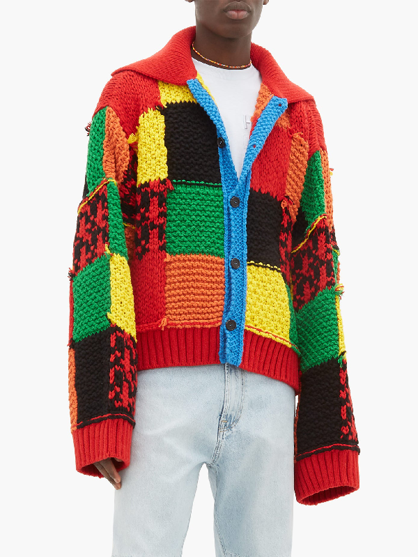 Jw Anderson Patchwork Chunkyknit Wool Cardigan In Red ModeSens