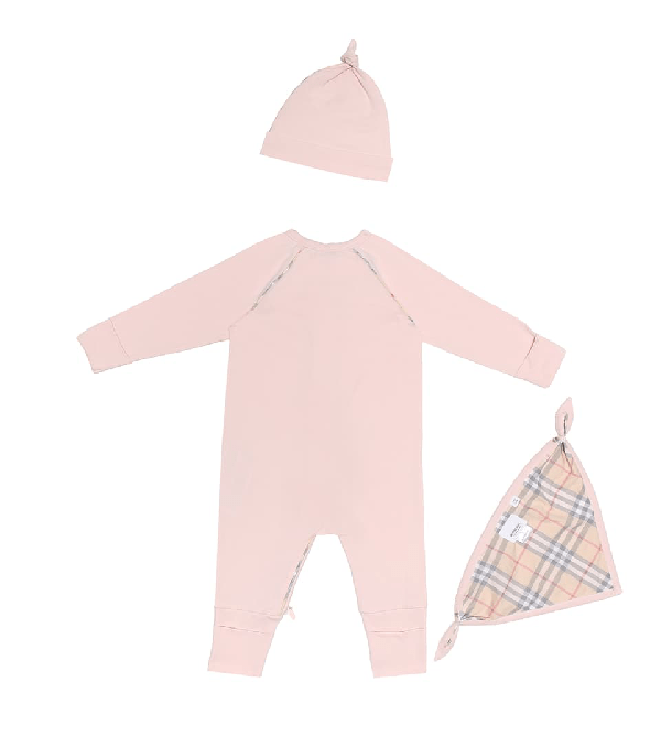 Burberry Baby Cotton Onesie, Hat And Bib Set In Pink ModeSens