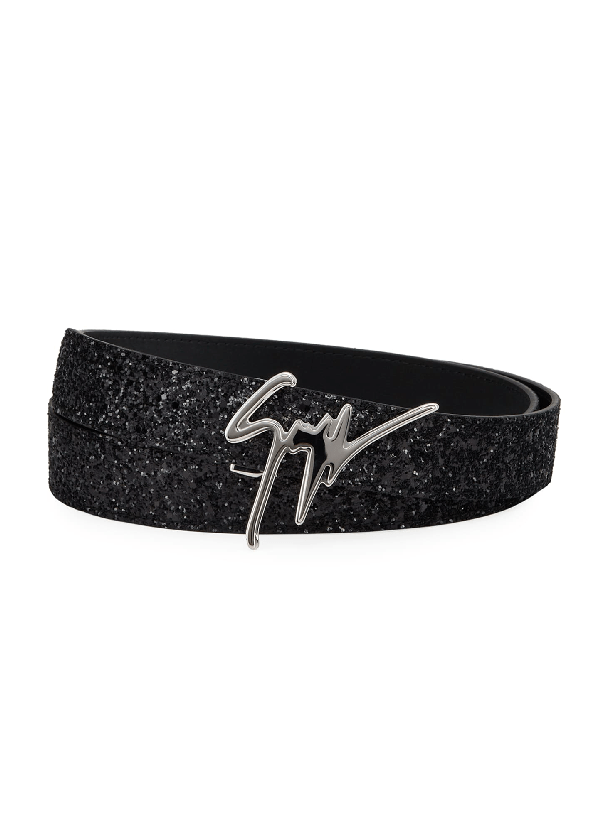 Giuseppe Zanotti Men's Signature Leather Logo Belt In Black/silver