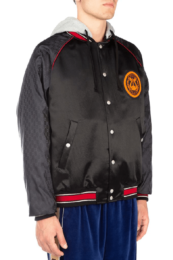 Gucci Black Men's Acetate Bomber Jacket With Lyre Patch ModeSens