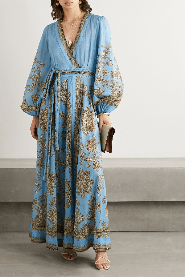 Zimmermann Fiesta Belted Paisleyprint Linen Wrap Maxi Dress In Blue ModeSens