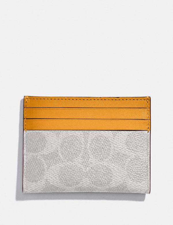 Coach Card Case In Colorblock Signature Canvas Women's In Brass/chalk