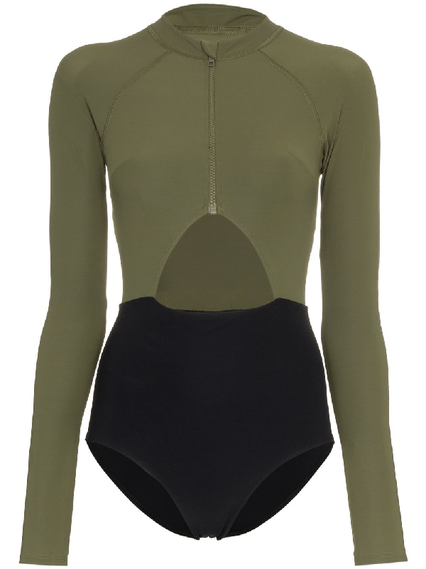 Flagpole Kelly HighNeck Zip Front LongSleeved Swimsuit In Green