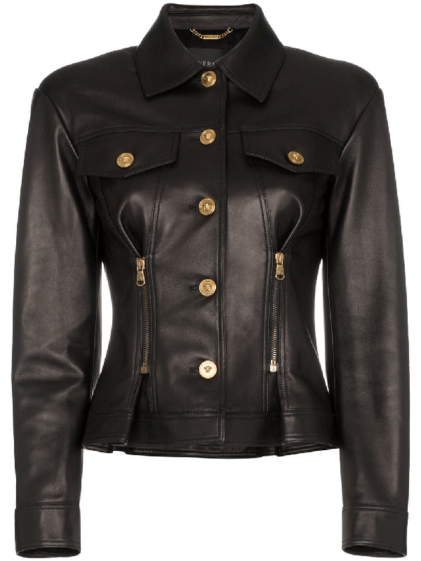 Versace Leather Button Down Zip Detail Jacket Black ModeSens