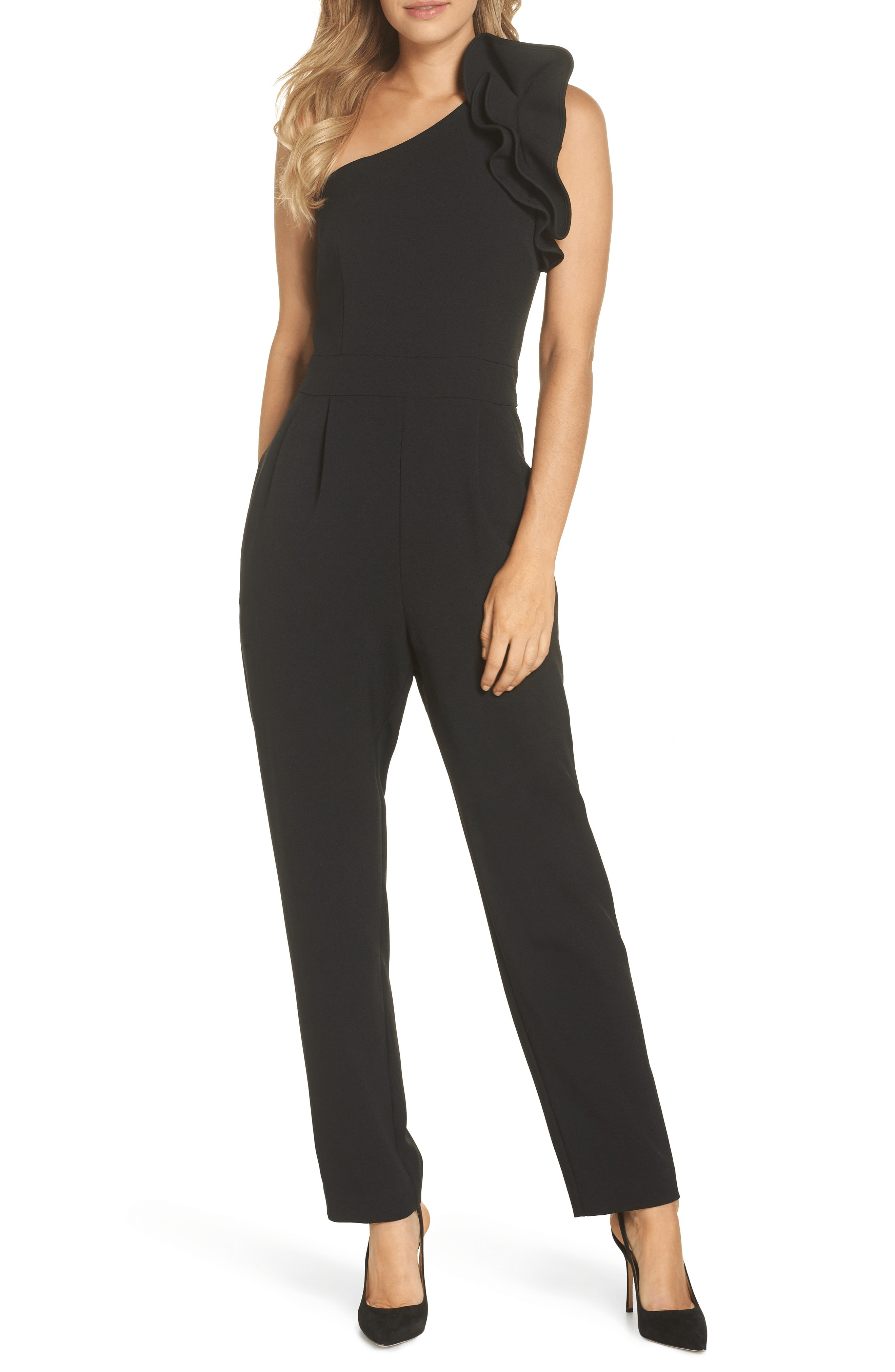Eliza J Oneshoulder Ruffle Jumpsuit In Black ModeSens